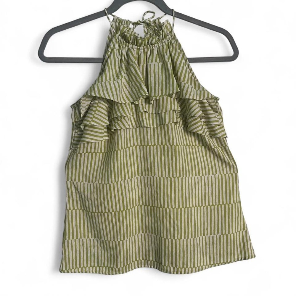 BANANA REPUBLICAN GREEN AND WHITE RUFFLE DETAILED TOP